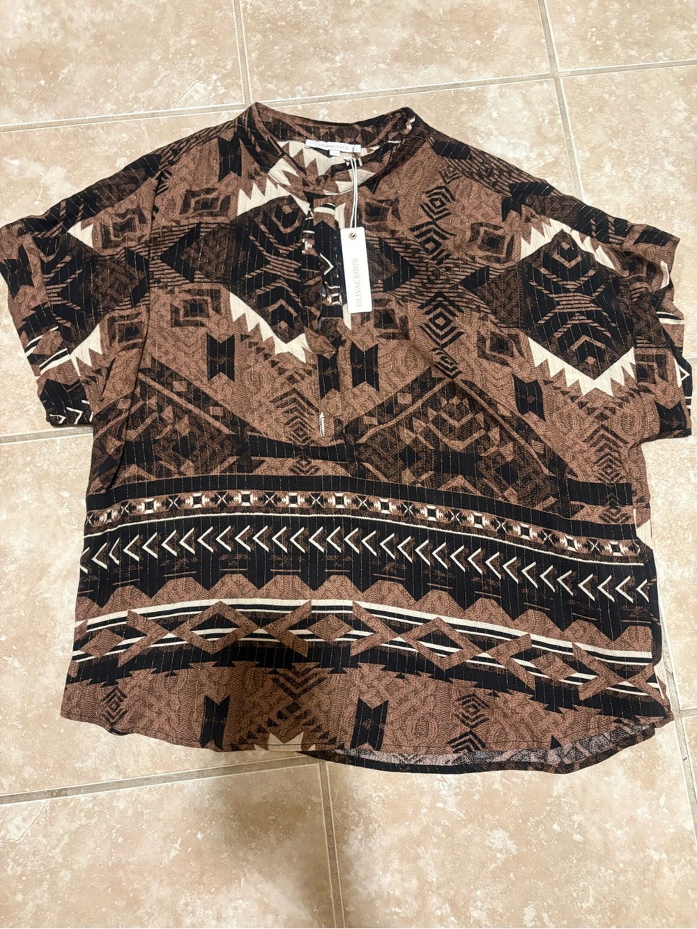 Aztec Print Short Sleeve Shirt - Brown/Black